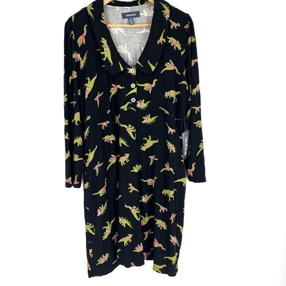 Modcloth Dinosaur Dress Size XL Black Christmas Sweater Print Long Sleeve T Rex